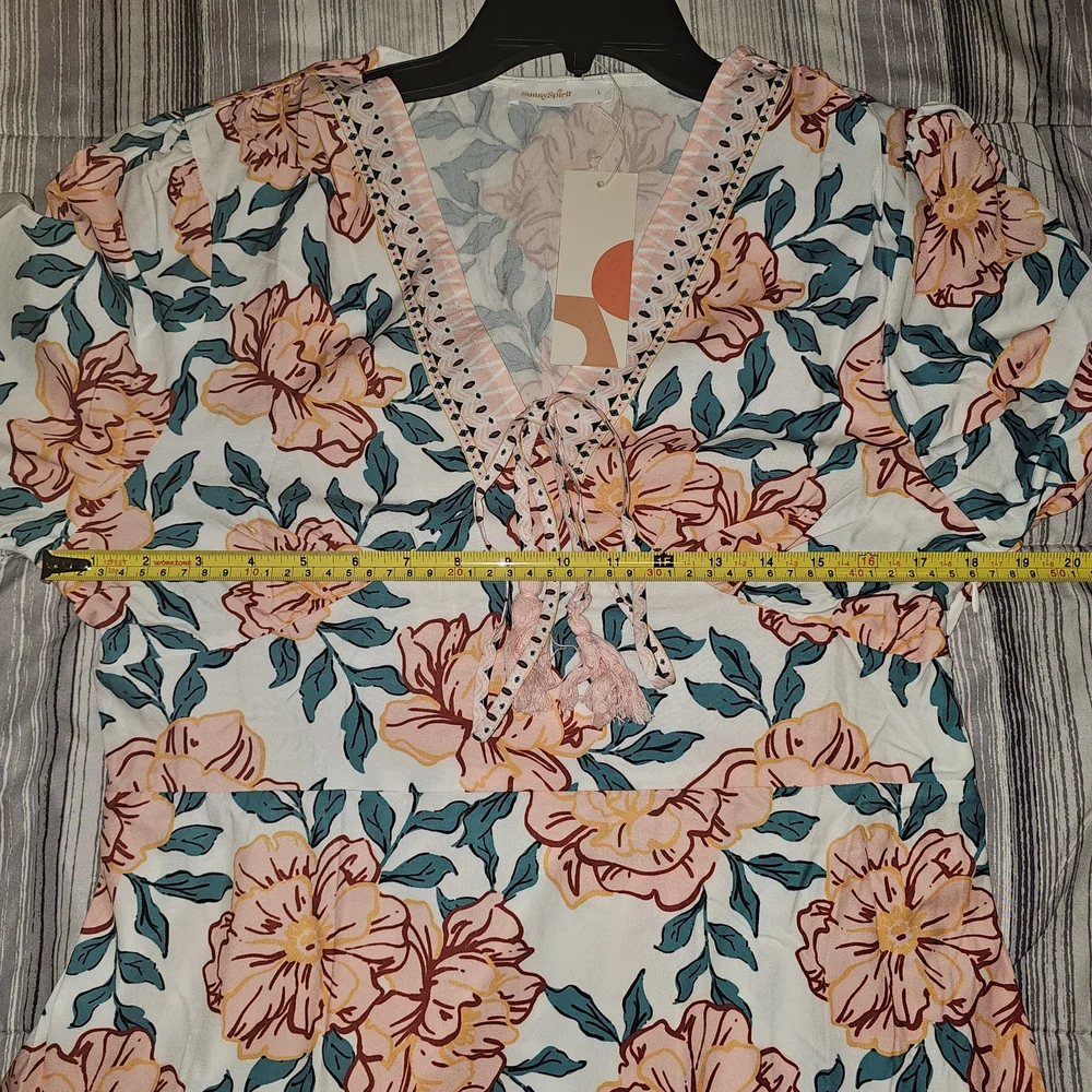SunnySpirit Floral Boho Maxi Dress V-Neck Balloon Sleeve Tassel Size L - Picture 13 of 14